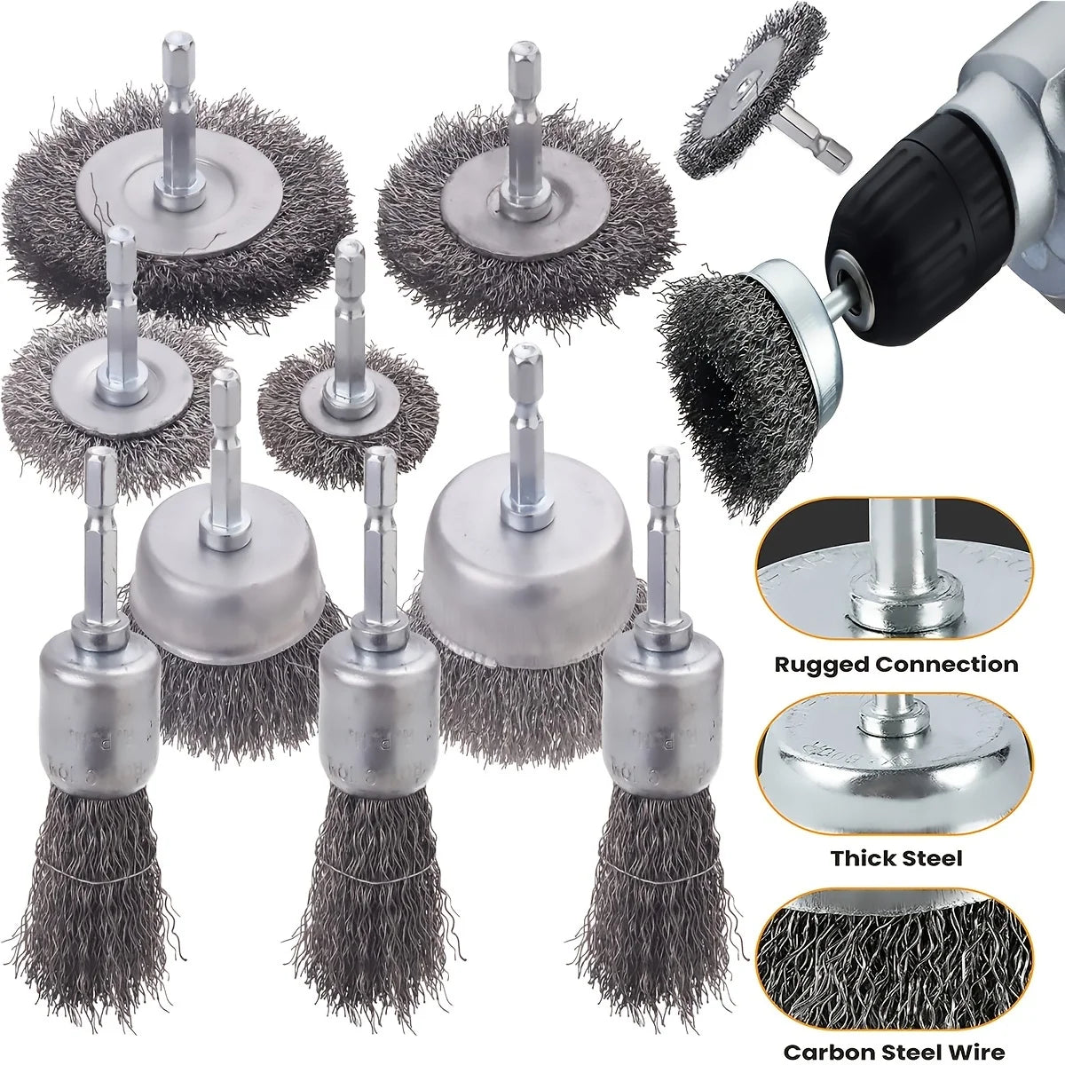 10-Pack Crimped Wire Wheel Brush Set with 1/4" Hex Shanks for Drills