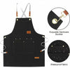 Black adjustable cotton canvas apron with multiple pockets and leather hardware buckle