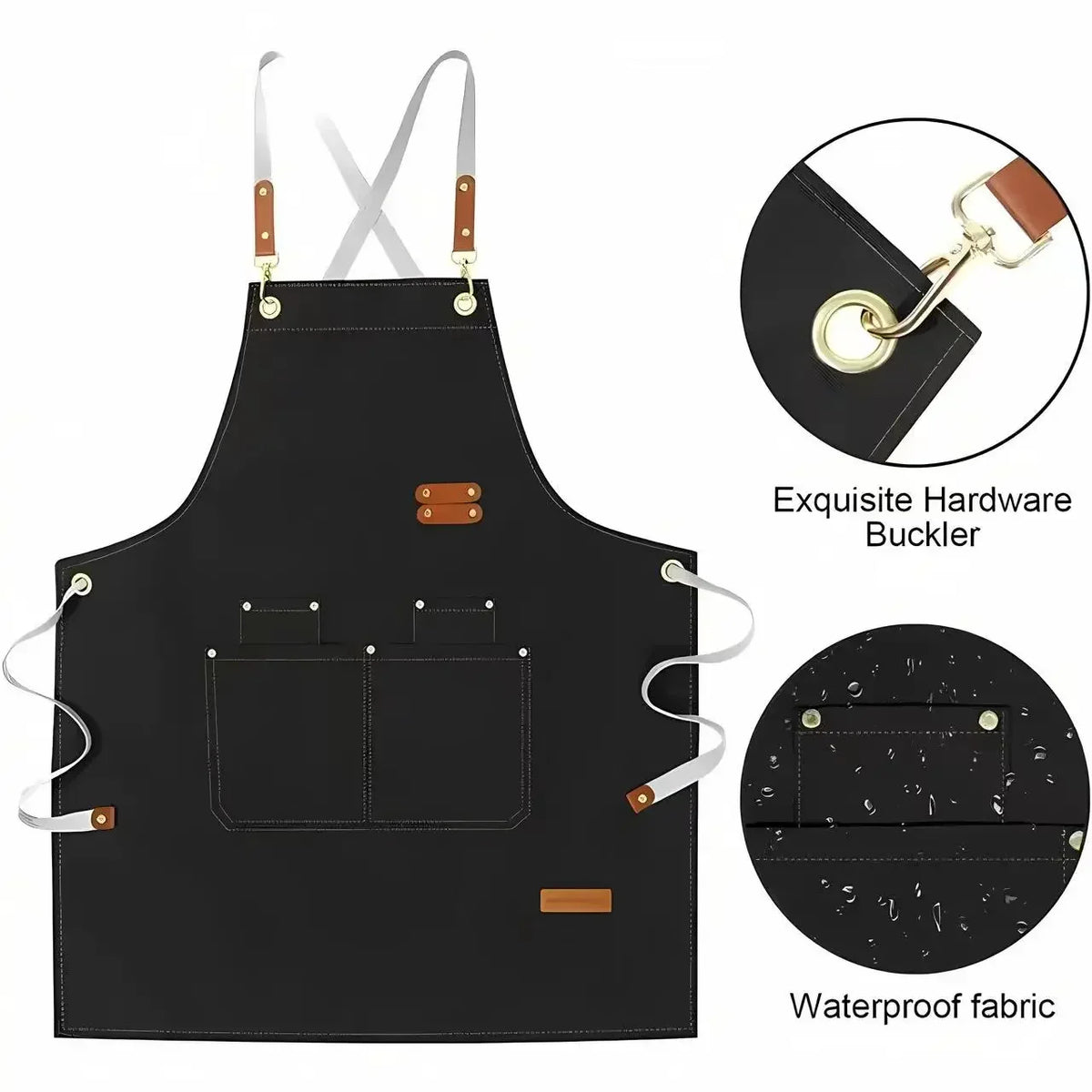Black adjustable cotton canvas apron with multiple pockets and leather hardware buckle