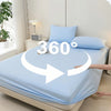 A light blue cooling ice-silk fitted sheet is shown being rotated 360 degrees on a bed.