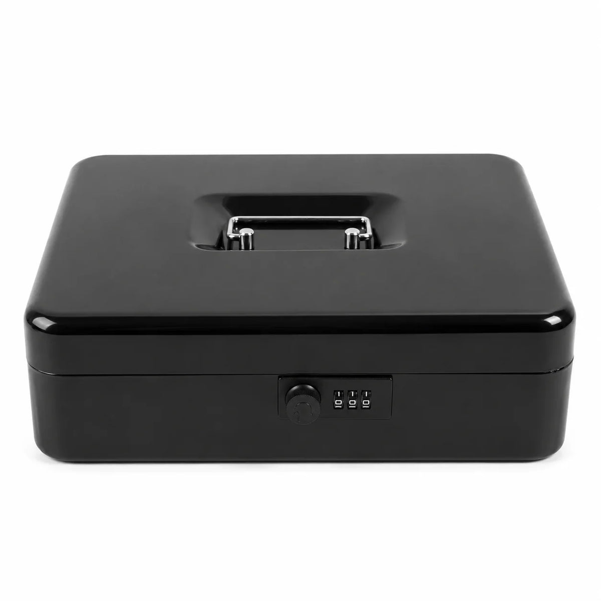 A black lockable cash box with a metal coin tray and control panel.