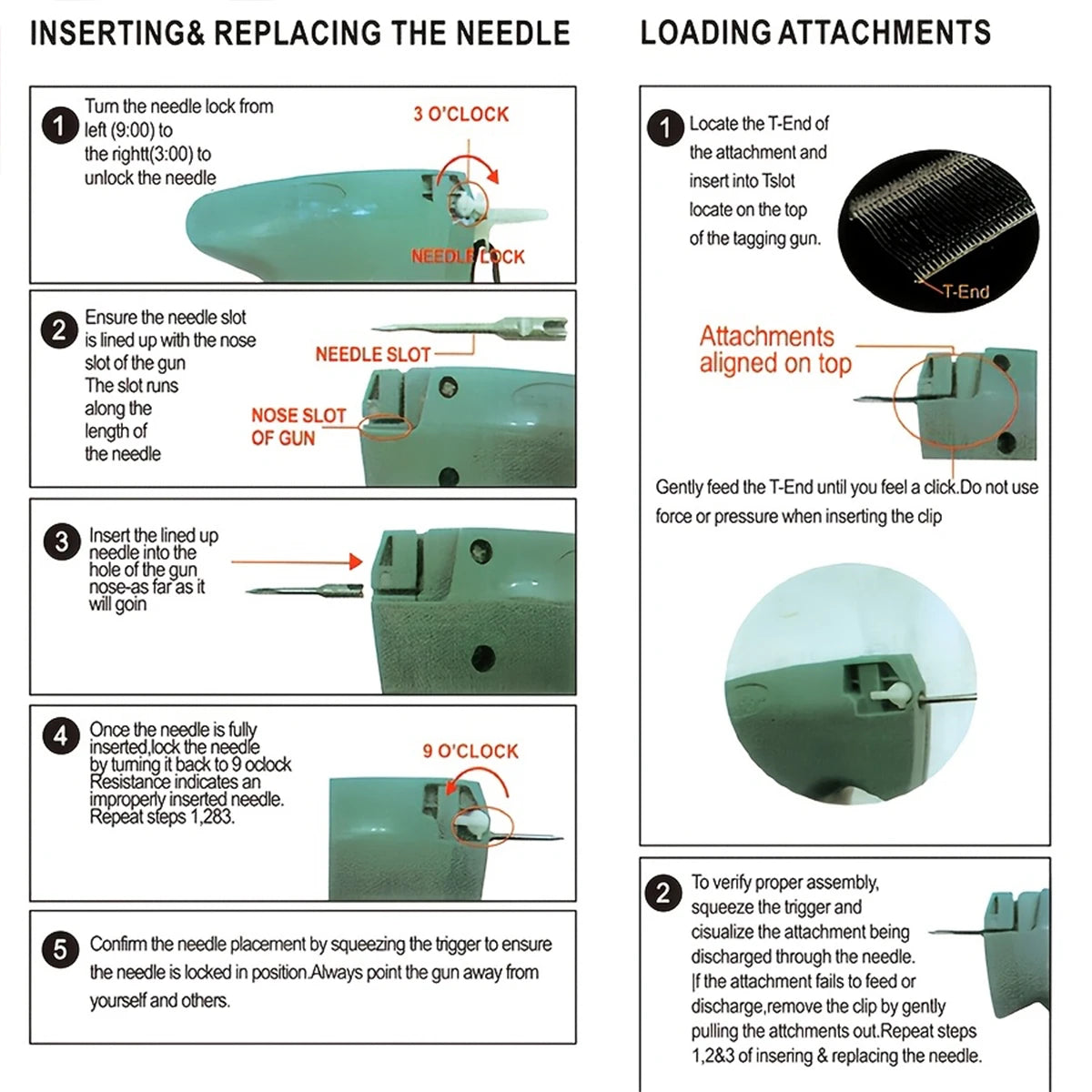 Instructions for inserting and replacing the needle and loading attachments on a mini sewing gun kit.