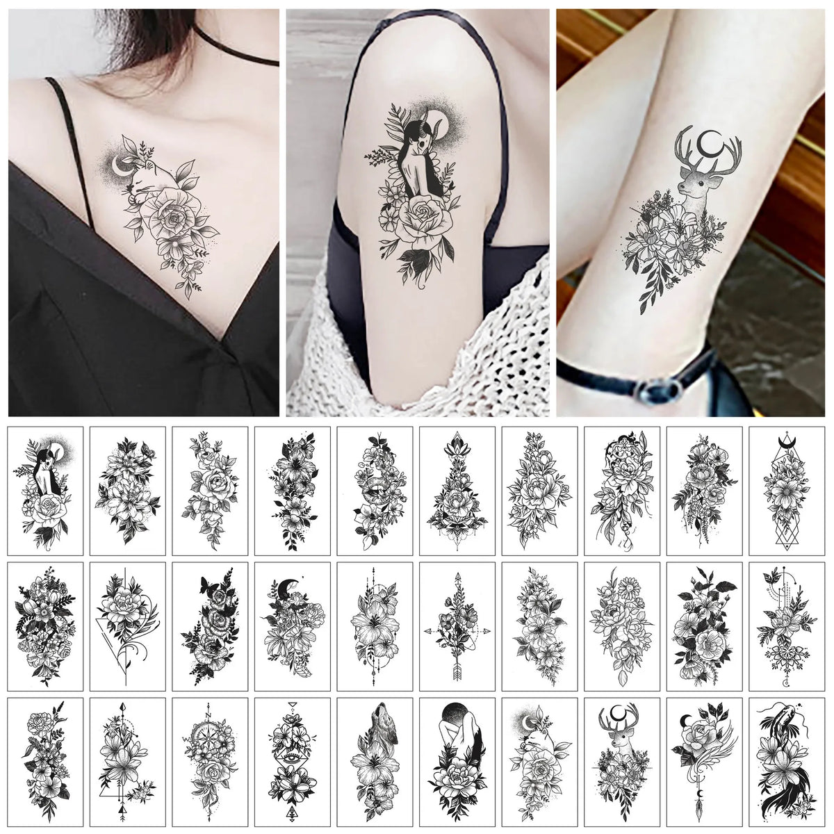 Colección de pegatinas de tatuajes temporales con diseños de luna, estrella, diablo y flor.