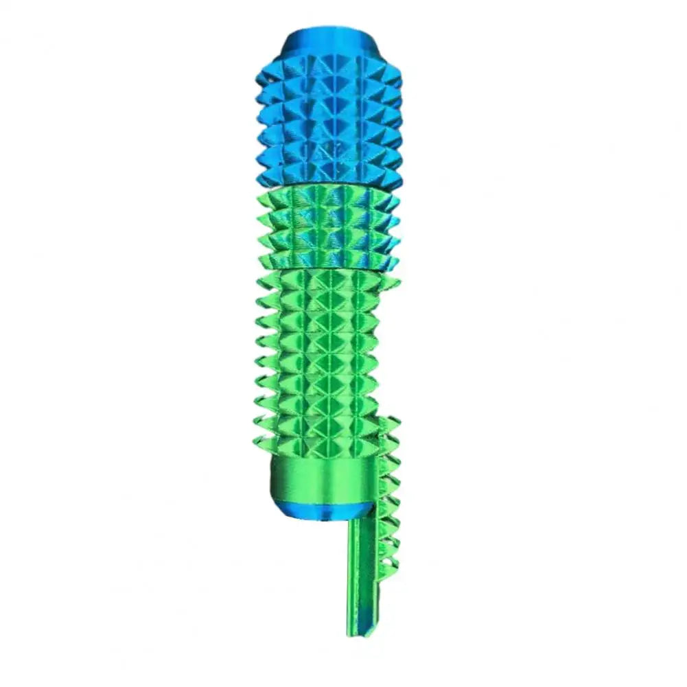 A green and blue spiked fidget roller for stress relief and focus.