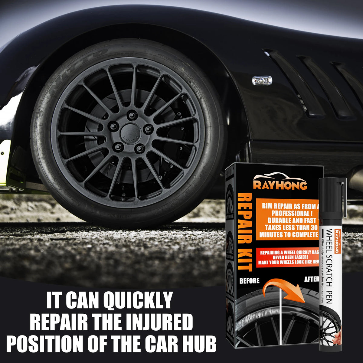 A black alloy wheel scratch repair pen kit next to a car wheel.