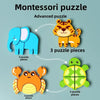 Montessori puzzle featuring wooden animals like an elephant, tiger, and turtle in various piece counts.