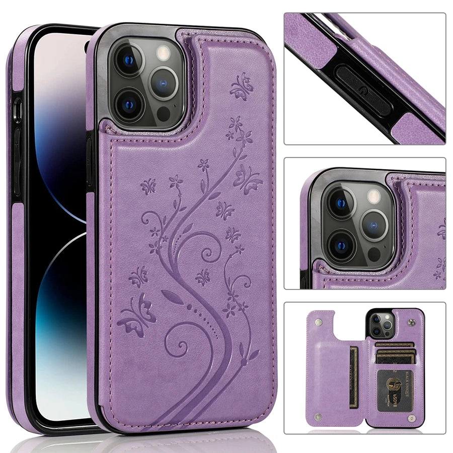 Butterfly Embossed Leather Wallet Case with Magnetic Flip Closure