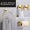 A set of four stainless steel bathroom hardware accessories including a towel ring, hooks, and toilet paper holder.