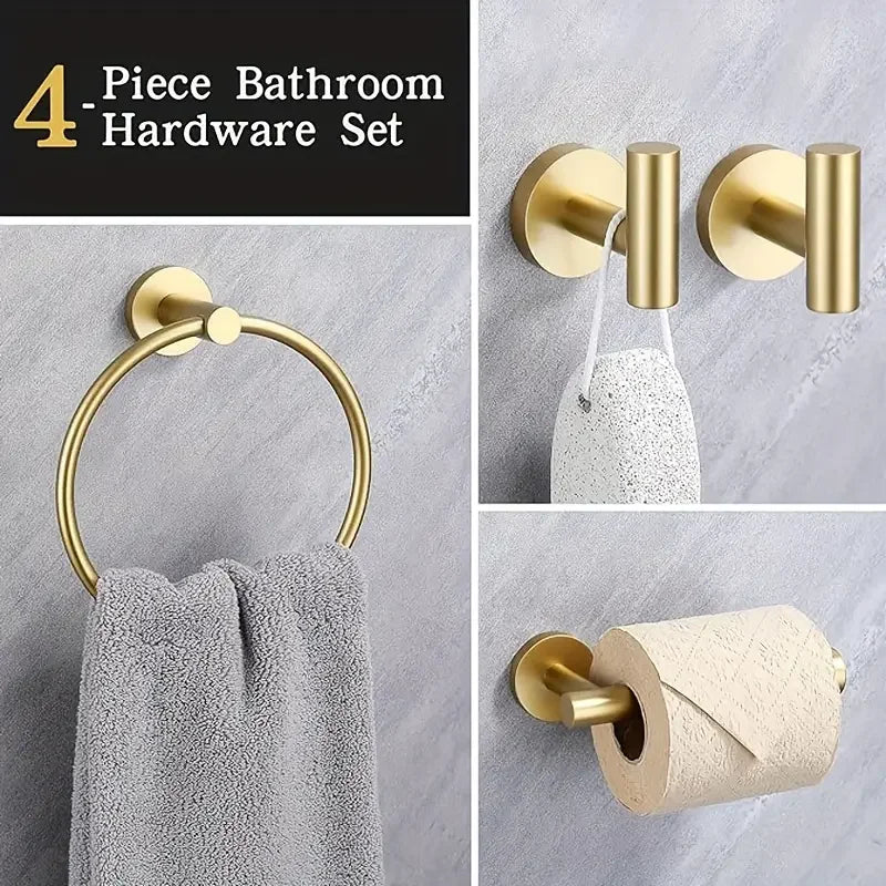 A set of four stainless steel bathroom hardware accessories including a towel ring, hooks, and toilet paper holder.