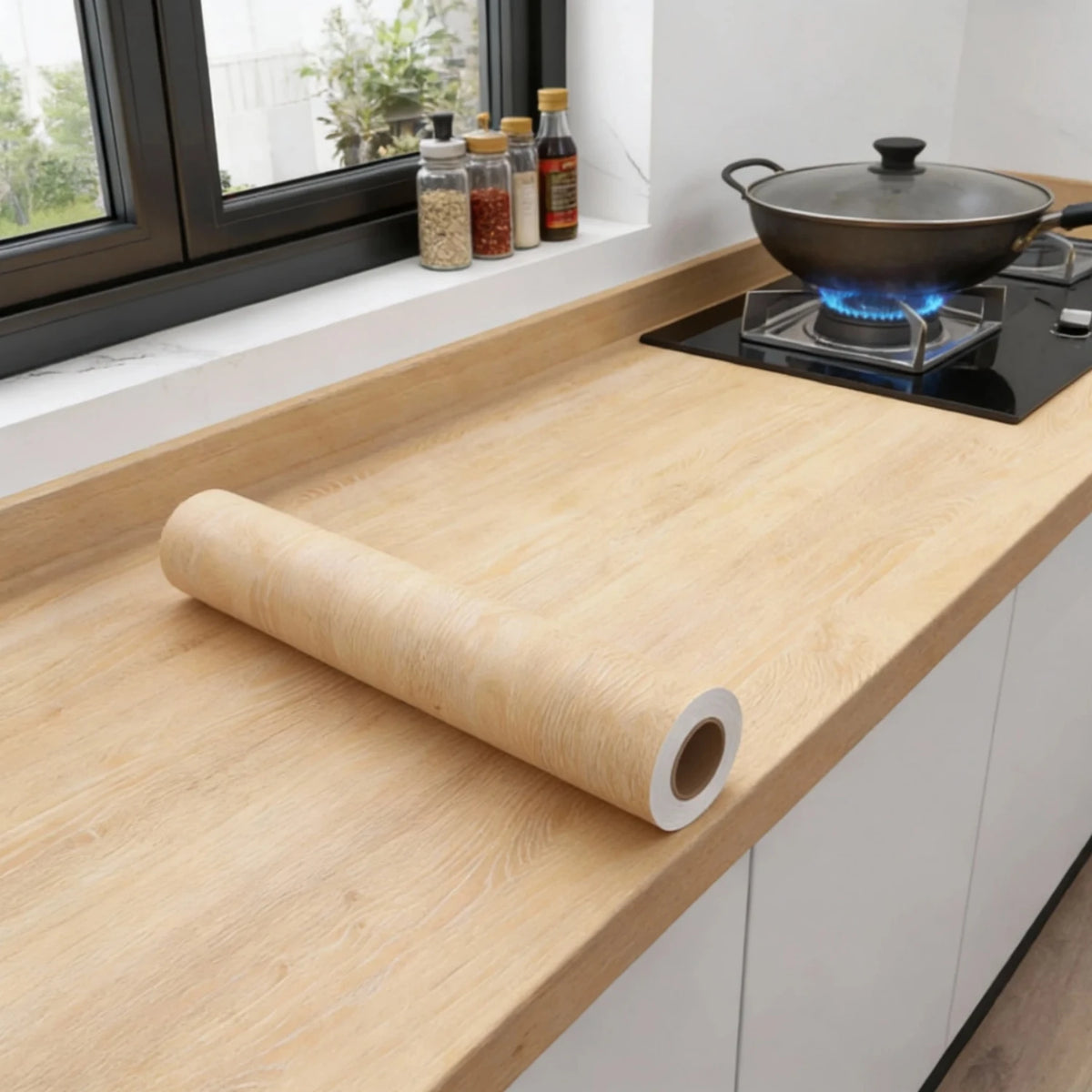 Roll of self-adhesive wood grain vinyl wallpaper contact paper displayed on a kitchen countertop.
