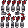 A set of ten embroidered iron-on patches depicting skulls and flames on glass bottles.