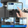 A hand holds a smartphone mounted on a car back seat organizer hook, demonstrating landscape and vertical screen effects.