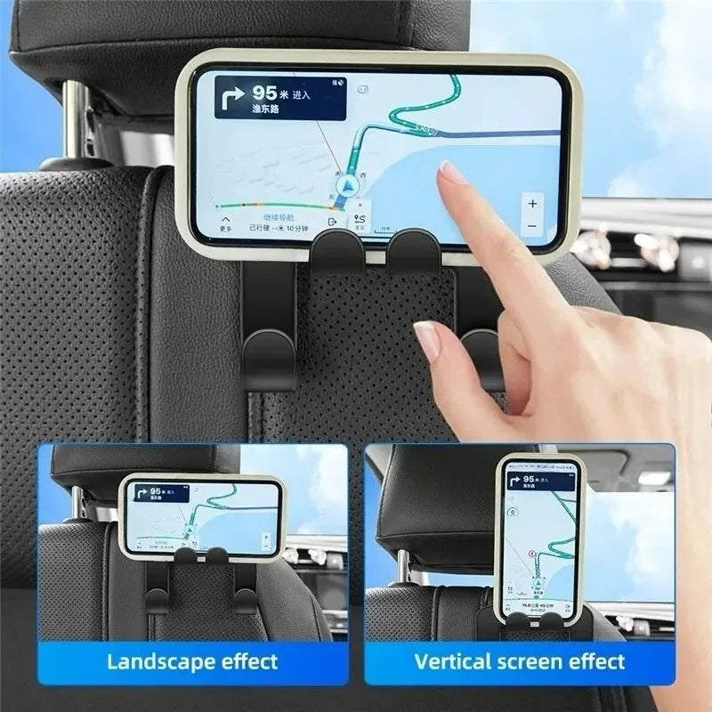 A hand holds a smartphone mounted on a car back seat organizer hook, demonstrating landscape and vertical screen effects.