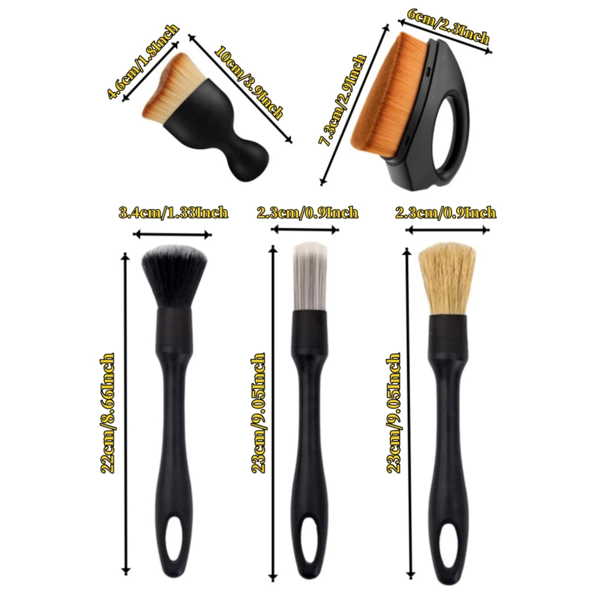 A set of five black detailing brushes with varying sizes and angles for cleaning interior and exterior surfaces.