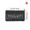 Black portable waterproof tool kit bag with a zipper and dimensions listed.