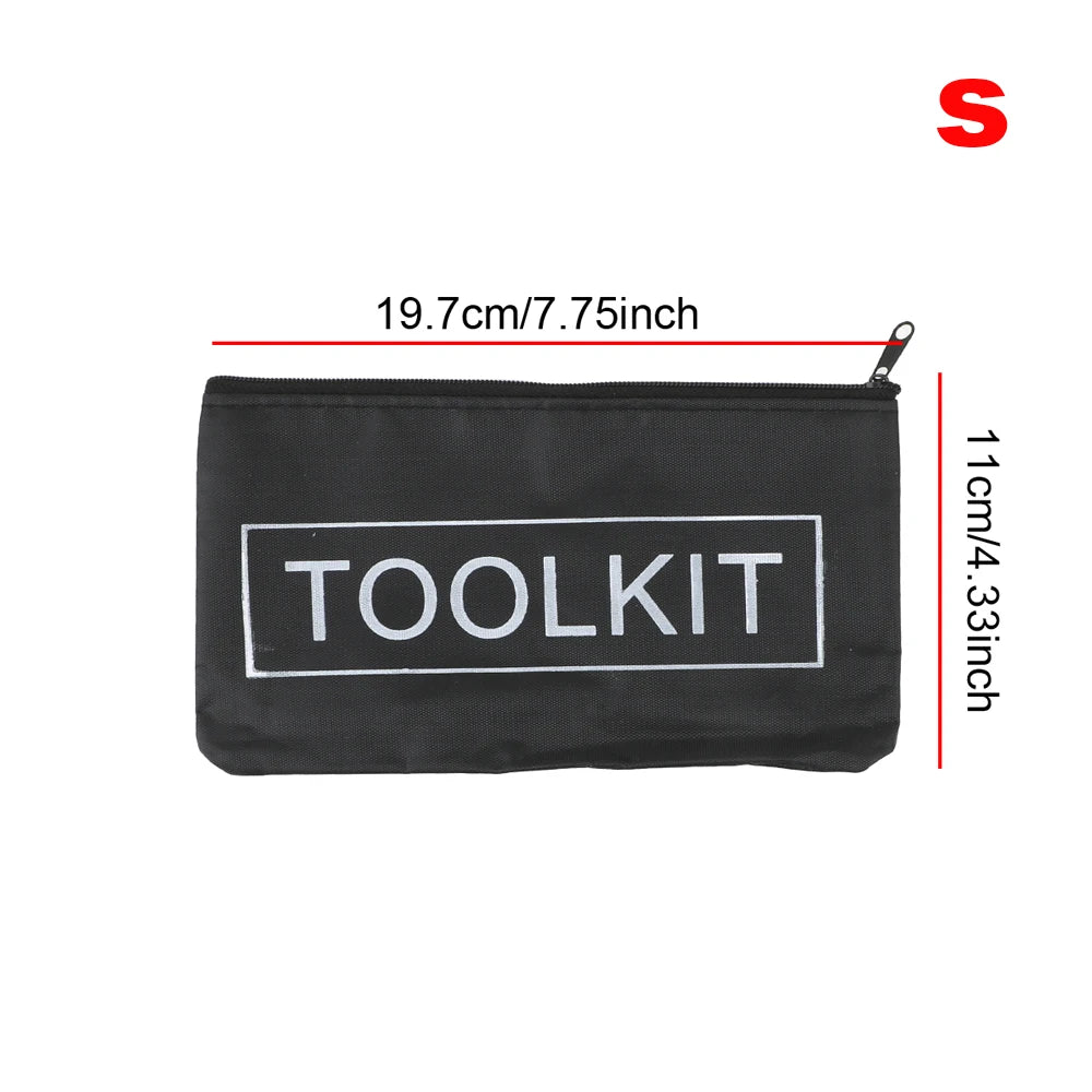 Black portable waterproof tool kit bag with a zipper and dimensions listed.