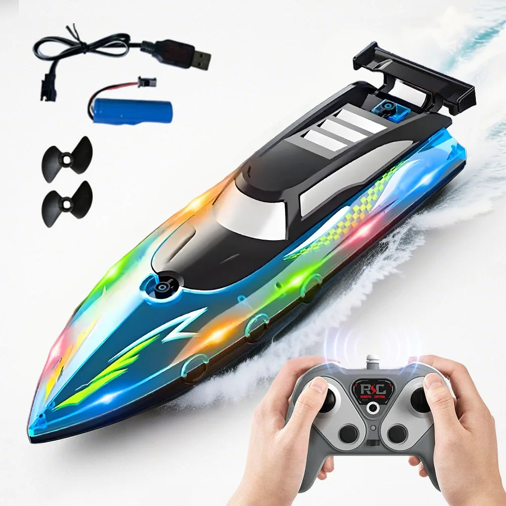 A high-speed RC speedboat with blue and yellow LED lights is shown next to its remote control.