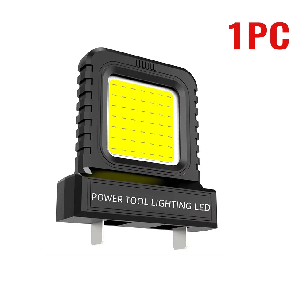 A black power tool lighting LED module with a yellow light panel and a USB port.