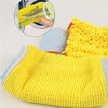 Yellow knitted reusable mesh shoe washing bag with a yellow fluffy cleaning cloth visible in the background.