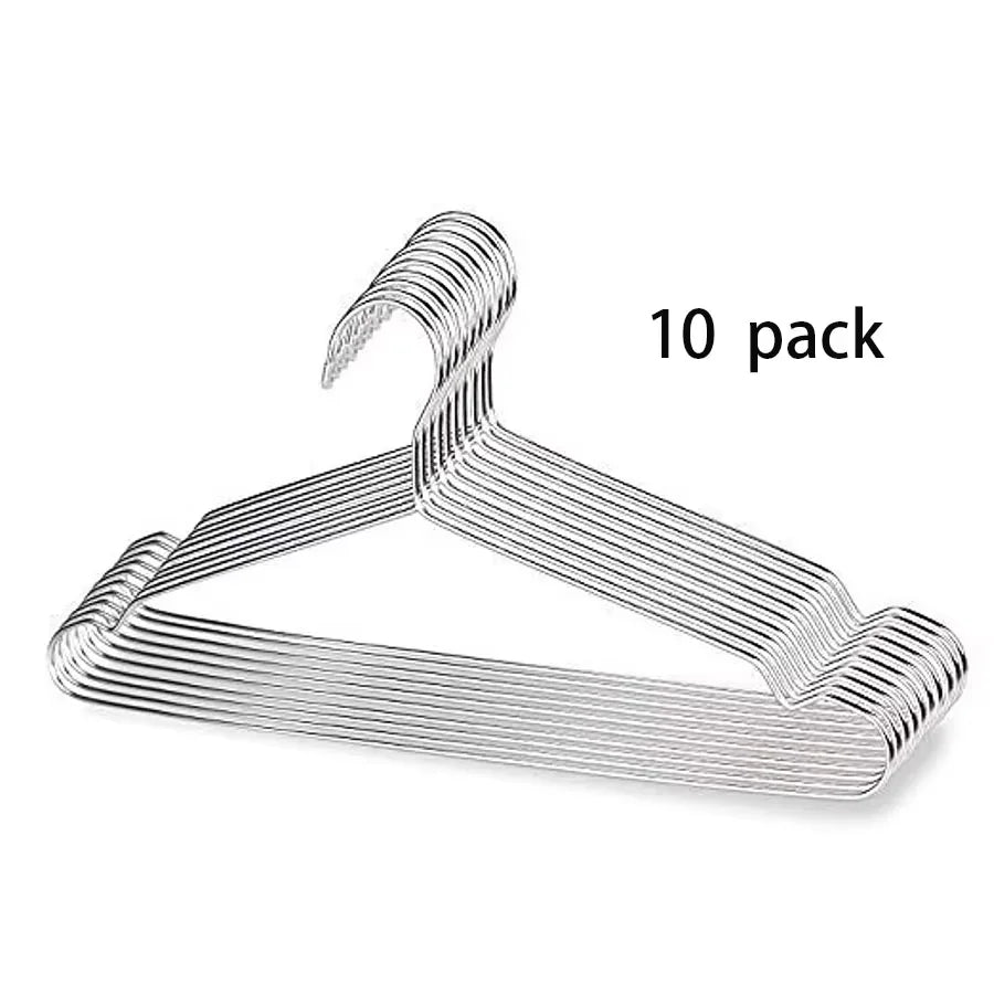 A set of ten heavy-duty stainless steel wire clothes hangers displayed on a white background.