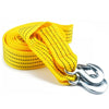 Yellow heavy duty car tow rope coiled and featuring silver safety hooks