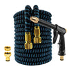 A coiled black and blue expandable garden hose with a gold-colored adjustable spray nozzle.