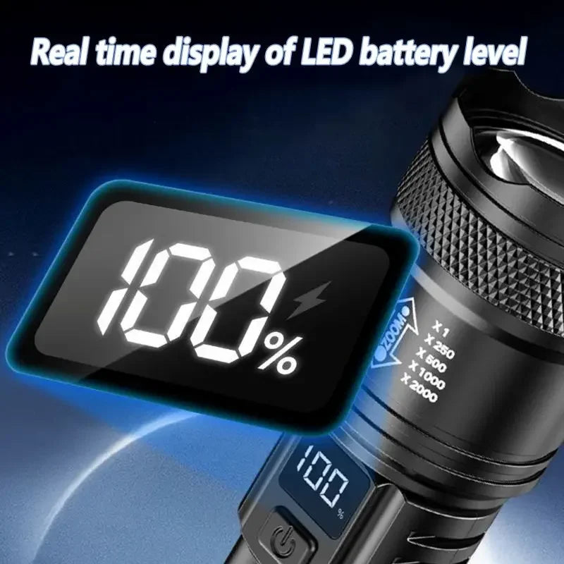 A tactical LED flashlight showing a real-time display of 100% battery level.