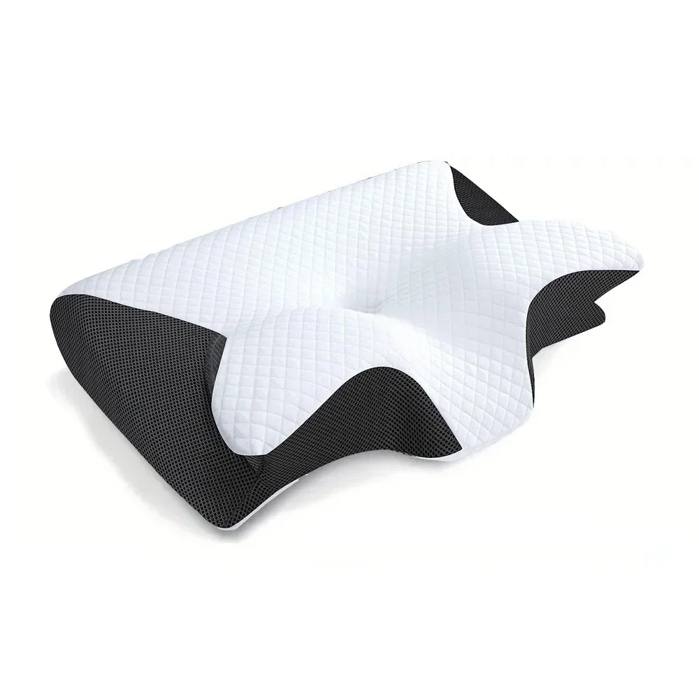 White and black butterfly memory foam neck pillow shown from above