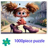 A 1000-piece puzzle featuring a character resembling a small girl with large eyes and reddish hair wearing a pink dress and p