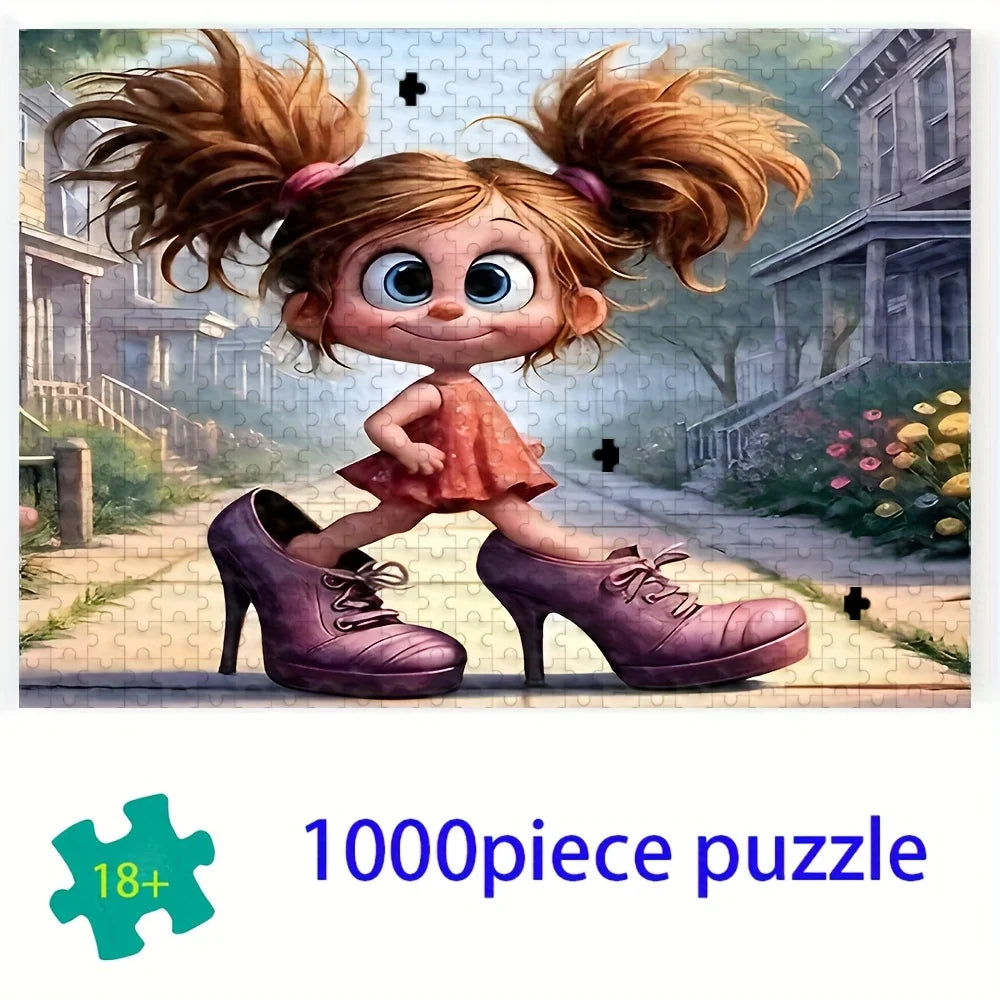 A 1000-piece puzzle featuring a character resembling a small girl with large eyes and reddish hair wearing a pink dress and p