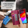 A person holds a pink crossbody phone wallet with hidden card slots and a smartphone displaying a time.