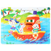 A wooden jigsaw puzzle featuring a bright orange boat with cartoon rabbits and tropical scenery.
