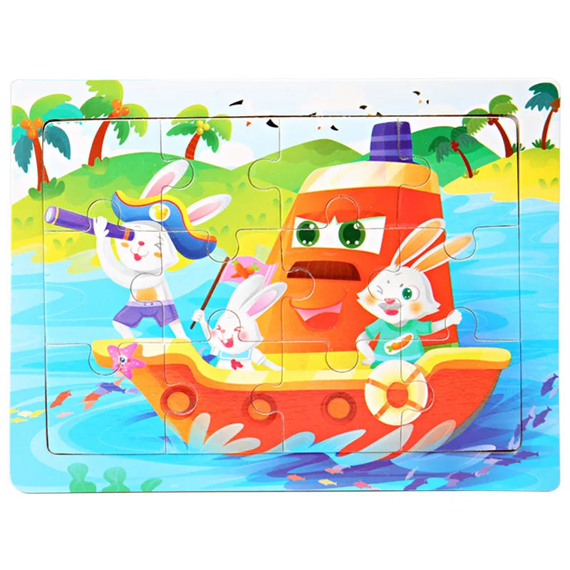 A wooden jigsaw puzzle featuring a bright orange boat with cartoon rabbits and tropical scenery.