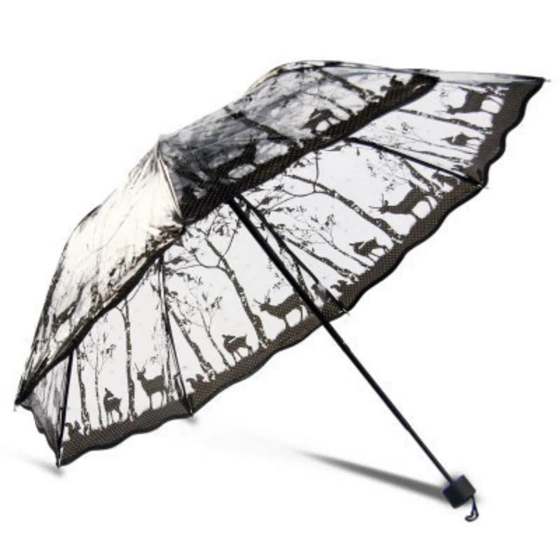 A black and white patterned umbrella featuring a transparent canopy with tree silhouettes.