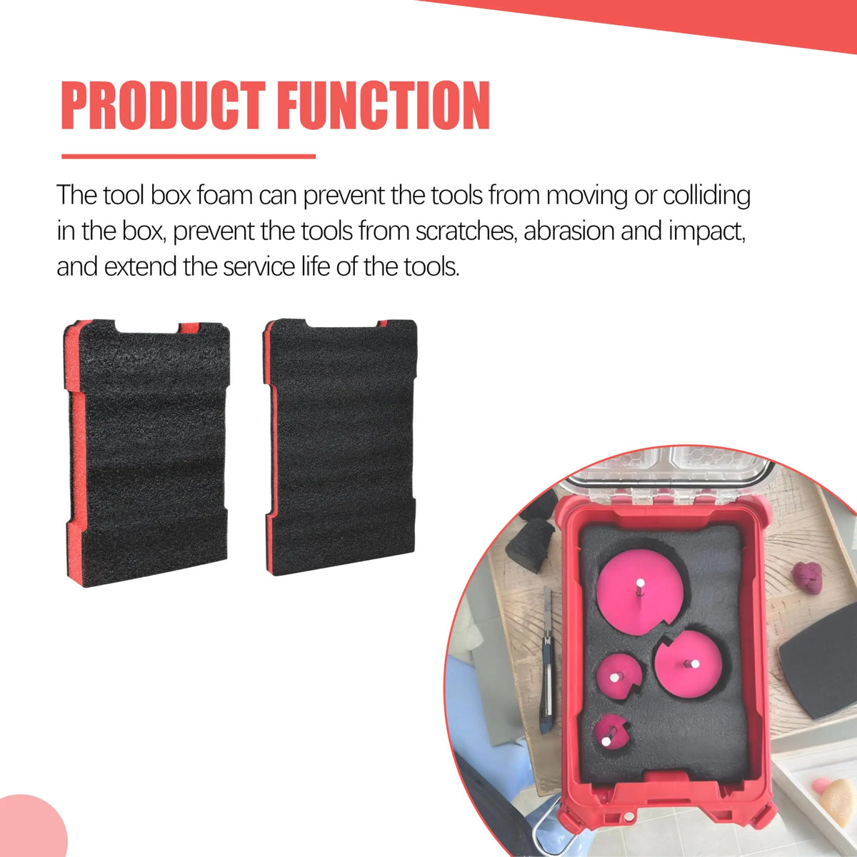 Two black foam inserts designed to prevent tools from moving or colliding inside a tool box.