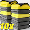A stack of ten yellow and gray microfiber cleaning towels.