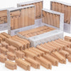 A collection of wooden train track expansion pieces in light brown wood color, packaged in cardboard boxes.