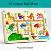 A wooden dinosaur ball maze board featuring various dinosaurs like Velociraptor and Triceratops for toddlers.