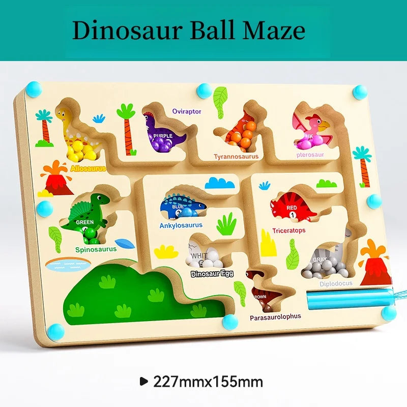A wooden dinosaur ball maze board featuring various dinosaurs like Velociraptor and Triceratops for toddlers.
