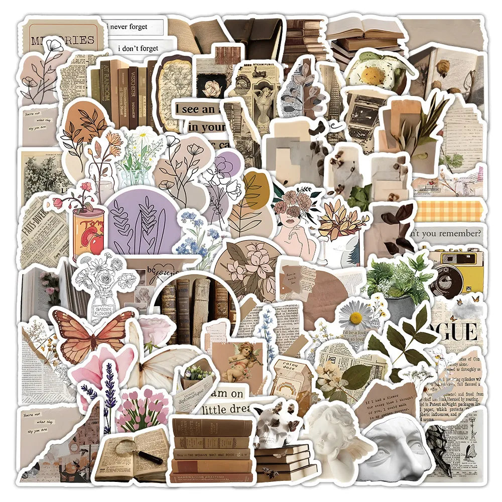 Collage d'illustrations vintage, dessins botaniques et textes manuscrits pour journaux et scrapbooks.