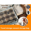 A travel storage vacuum storage bag is shown next to clothing, demonstrating its space-saving capability.