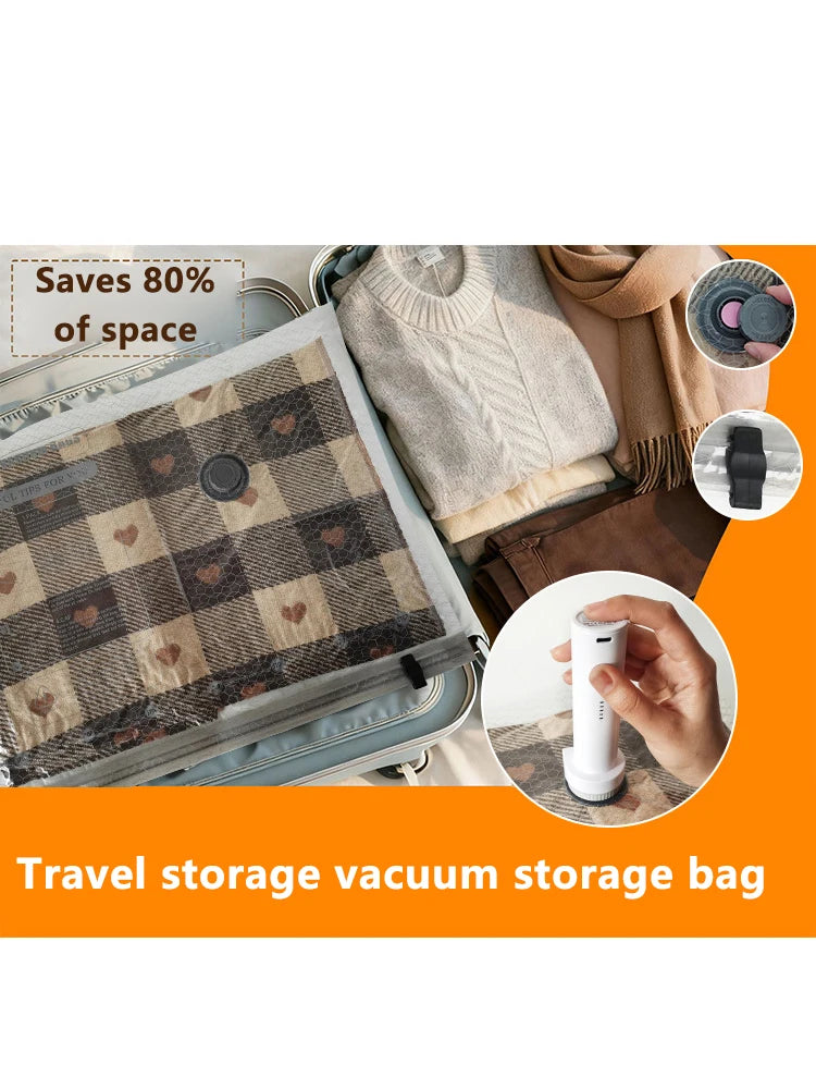 A travel storage vacuum storage bag is shown next to clothing, demonstrating its space-saving capability.