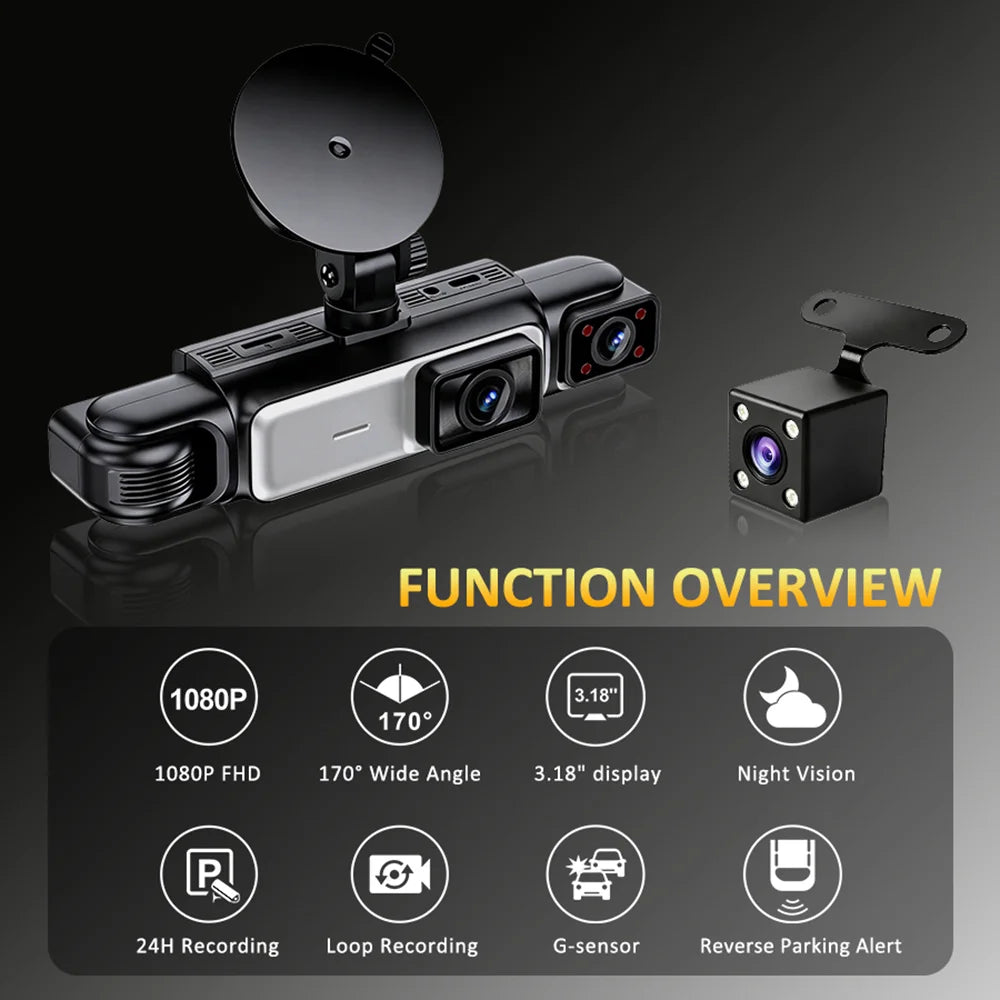A black dash cam device is shown with various features like 1080p recording, night vision, and parking alert.