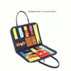 A black handbag-style Montessori busy board filled with colorful manipulative toys for toddlers.