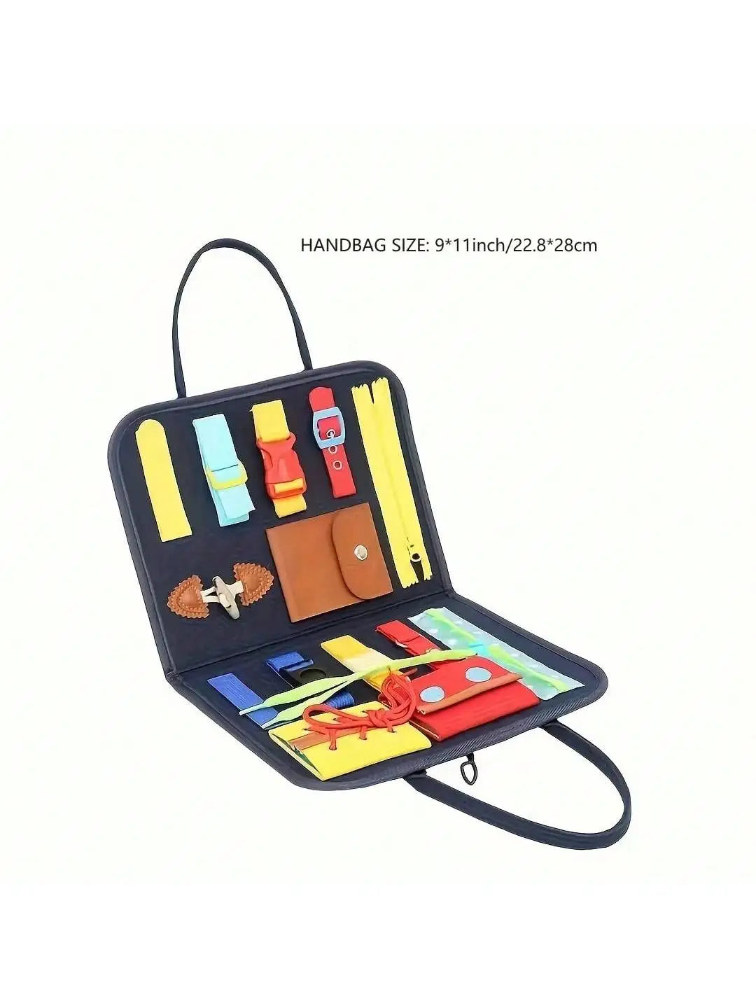 A black handbag-style Montessori busy board filled with colorful manipulative toys for toddlers.