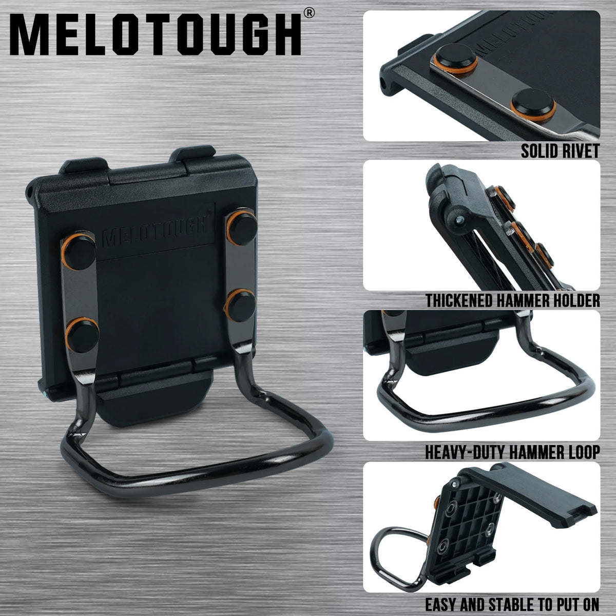 A black durable hammer holder with a loop and solid rivet features include a thickened hammer holder and an easy to put on de