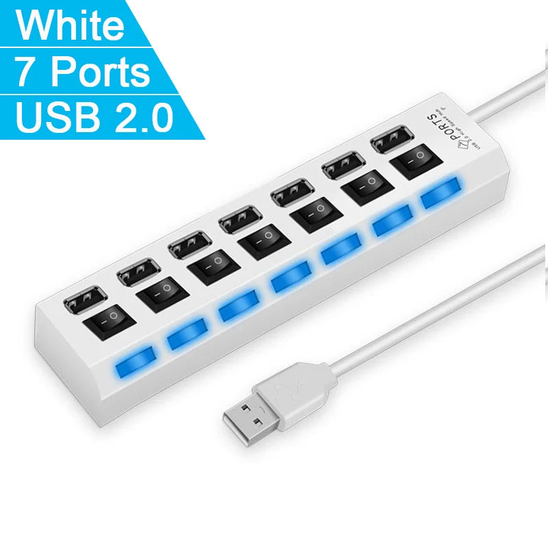 White USB 2.0 multi-port hub with seven ports and a blue LED switch.