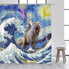 Cat Riding Dinosaur Shower Curtain with Ocean Wave Design