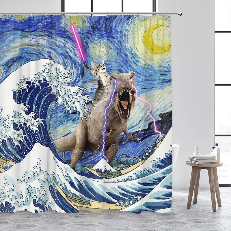 Cat Riding Dinosaur Shower Curtain with Ocean Wave Design