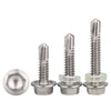 Three stainless steel hex self-drilling screws of varying lengths and thread pitches.